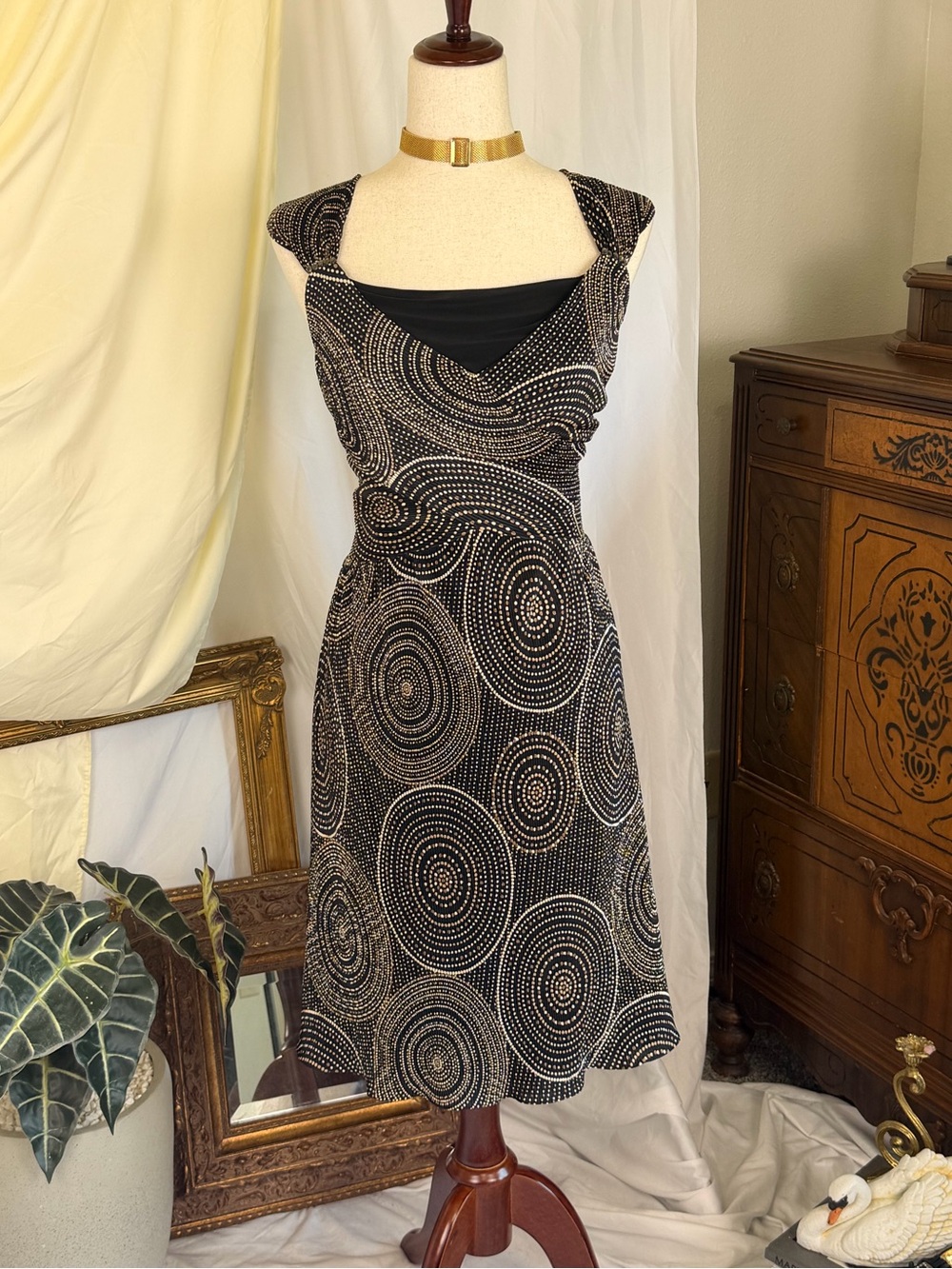 Vintage Evan Picone geometric mid-length dress 90s glam designer chic prom